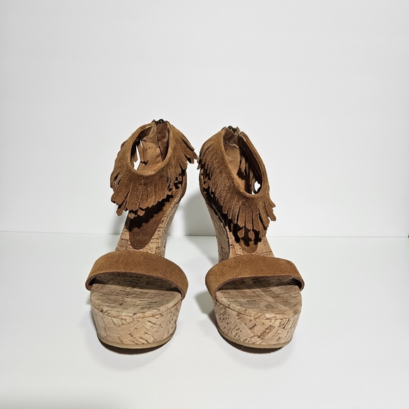 Philosophy Alberta di Ferretti Gold Suede Fringe Ankle Strap Wedge Sandals - Picture 6 of 11